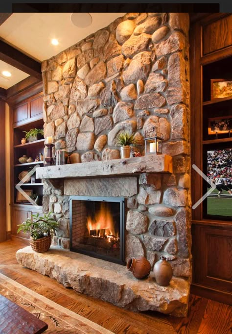 Stone Fireplace Decor, Rustic Stone Fireplace, Dream Fireplace, River Rock Fireplaces, Luxury Fireplace, Cabin Fireplace, Welcome To Home, Brick Fireplace Makeover, Curated Content