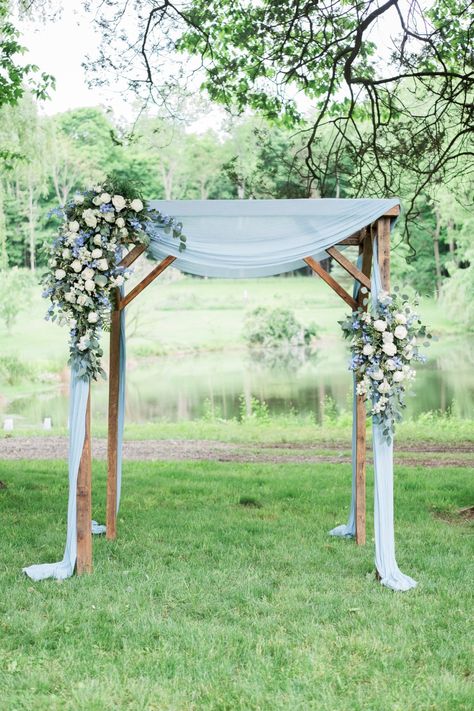 Dusty Blue Lake Wedding, Spring Wedding Blue And Green, Dusty Blue Arch Wedding, Dusty Blue Outdoor Wedding, Dusty Blue Rustic Wedding Ceremony Decor, Soft Blue And Green Wedding, Olive Green And Dusty Blue Wedding, Dusty Blue Sage Green Lilac Wedding, Wedding Arch Dusty Blue