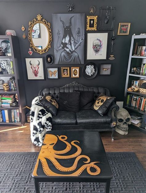 Gothic Feature Wall, Small Gothic Living Room, Goth Tattoo Studio, Goth Salon Decor, Goth Boho Bedroom, Goth Living Room Decor, Goth Apartment Decor, Goth Office Decor, Goth Boho Decor