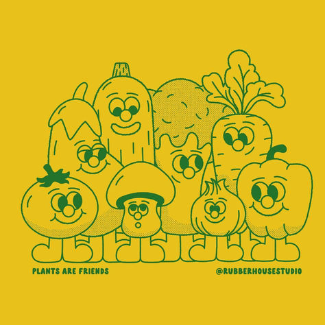 Vegetable cartoon character illustrations by Rubber House Studio Cute Vegetables Cartoon, Retro Illustration Character, Cartoon Vegetables Illustration, Food Characters Illustration, Fruit Cartoon Illustrations, Cute Plant Illustration, Veggie Branding, Food Character Illustration, Gardening Graphic Design