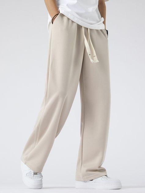 Apricot Casual Collar  Fabric Plain Straight Leg Embellished Slight Stretch  Men Clothing Drawstring Trousers Men, Mens Bottom Wear, Mens Trousers Fashion, Fashion Pants Men, Mens Bottoms, Straight Sweatpants, Korean Pants, Men Sweatpants, Trousers Mens