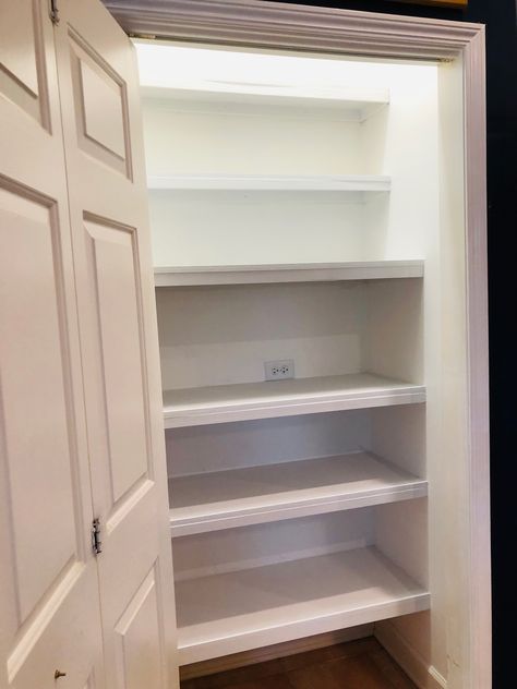 Pantry Update, Scratched Wood, Pantry Shelves, Diy Mudroom Bench, Wire Shelving Units, Pantry Makeover, Leftover Paint, Motion Lights, Future Kitchen