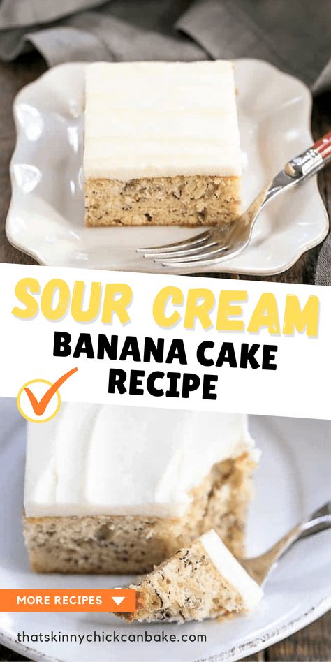 Sour Cream Banana Cake - a tender banana cake topped with a luscious layer of cream cheese frosting! This southern classic is a perfect treat to make with your overripe bananas. Sour Cream Banana Cake, Banana Sour Cream Cake, Leftover Bananas, Banana Sheet Cakes, Lemon And Coconut Cake, Southern Cake, Dessert Cakes, Cupcakes Recipes, Dessert Recipies