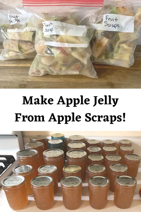 Save your scraps and save money! Turn your apple cores into apple juice and then turn it into classic and delicious apple jelly! It's so much healthier to make your own jelly than to buy it from the store. You can skip all the chemicals in store-bought versions! Recipe, frugal living, kitchen tip, homesteading, canning, preserving, pomona's pectin, reduced-sugar Apple Scrap Jelly With Pectin, Scrap Apple Jelly, Apple Scrap Jelly, Homesteading Canning, Can You Freeze Apples, Beginner Canning, Apple Scraps, Pectin Recipes, Scratch Cooking