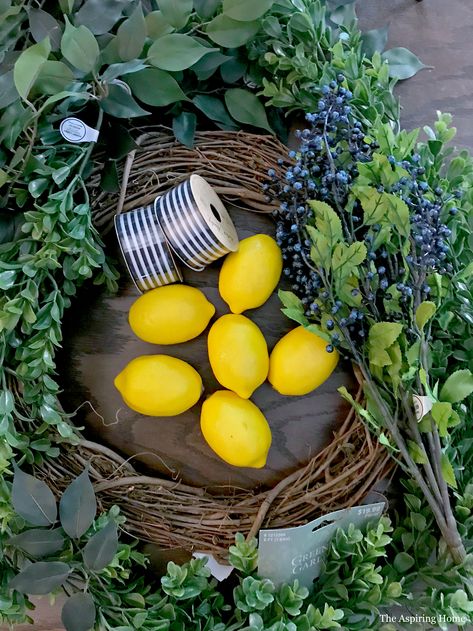 DIY Simple Lemon Boxwood Wreath - The Aspiring Home Lemon Grapevine Wreath, Lemon Wreath Ideas, Lemon Wreaths For Front Door, Lemon Wreath Diy, Diy Summer Wreath, Lemon Wreaths, Curbside Appeal, Diy Magnolia Wreath, Sunflower Door