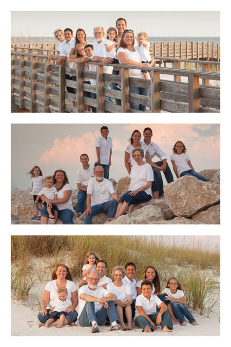 extended family beach photography, water, sand, sunset. golden hour. boardwalk. jetty. rocks. sand dune. sea oats. The Ordinary Photography, Family Beach Pictures Poses, Ordinary Photography, Beach Pose Ideas, Extended Family Pictures, Large Family Portraits, Extended Family Photography, Big Family Photos, Sea Oats