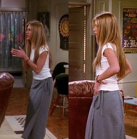 Rachel Green Summer Style, Jennifer Anniston Outfits 90s, 90s Wrap Skirt, Rachel Green White Outfit, Jennifer Aniston 90s Fashion, 90s Outfits Movies, Jennifer Aniston Work Outfits, Jennifer Aniston Summer Outfits, Rachel Green Grey Skirt