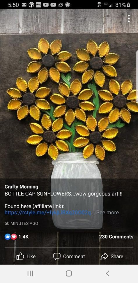 Flowers Out Of Bottle Caps, Bottle Cap Sunflower Art, Fall Bottle Cap Crafts, Bottle Cap Artwork, Sunflower Bottle Cap Art, 4-h Projects For Fair, Diy Beer Bottle Cap Crafts, Beer Bottle Top Crafts, Sunflower Projects