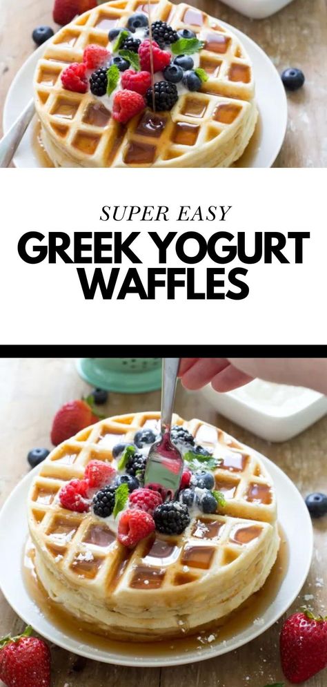 Save this Easy Healthy Greek Yogurt Waffle Recipe. Crispy on the outside and soft on the inside. They take less than 30 minutes to make and are the perfect way to start your day! This easy waffle recipe is perfect for brunch at the weekend. Make a big batch and freeze half for breakfast throughout the week! Follow Chef Savvy for more Mother's Day Breakfast and Brunch Recipes! Yogurt Waffle Recipe, Greek Yogurt Waffles, Waffle Mix Recipes, Waffle Recipe Healthy, Easy Waffle Recipe, Healthy Waffles, Protein Waffles, Frozen Waffles, Waffles Easy