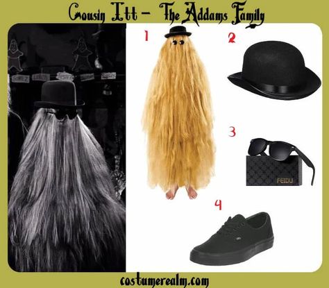 Dress Like Cousin Itt From The Addams Family, DIY Cousin Itt Costume, Cosplay, Halloween Costume, Fancy Dress, Outfits Guide Thing Costume Addams Family, Cousin Itt The Addams Family Costumes, Uncle Fester Costume Diy, Cousin Itt Diy Costume, Adams Family Lurch Costume, Adams Family Costume, Wednesday Addams Outfit, Family Costumes Diy, Family Cosplay