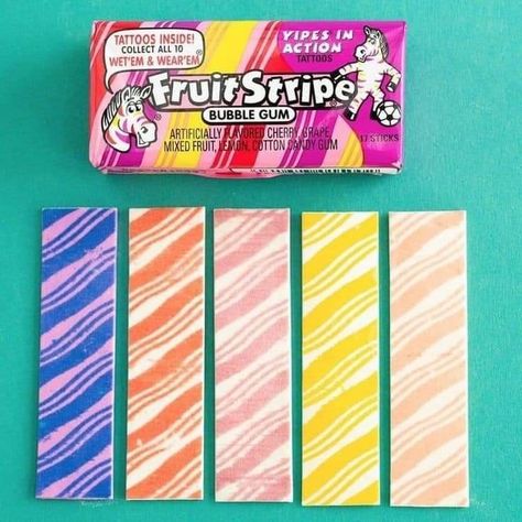 Fruit Stripe Gum, Zebra Gum, Aesthetic Eating, 1990s Childhood, 90s Candy, Gum Wrapper, Fruit Strips, Bubble Yum, 1980s Nostalgia