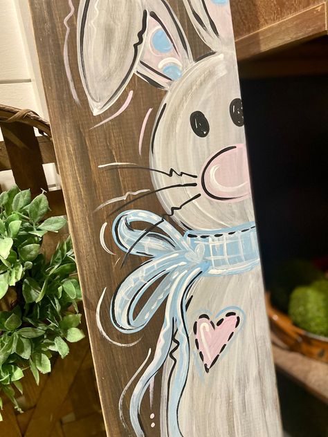 Rabbit Sign, Spring Home Decor Ideas, Easter Porch, Easter Wood Signs, Easter Paintings, Easter Wood Crafts, Bunny Painting, Easter Sign, Easter Bunny Crafts