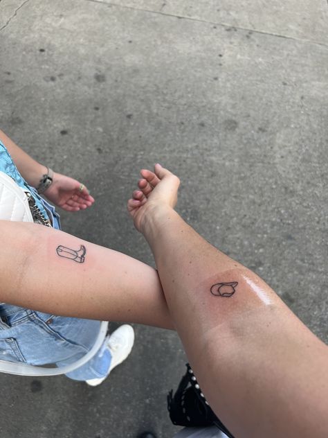 Matching Cowboy Tattoos For Best Friends, Nashville Matching Tattoos, Nashville Tattoos For Women, Cute Matching Western Tattoos, Matching Cowboy Hat Tattoos, Cowboy Boot Matching Tattoos, Best Friend Tattoos Cowboy Boots, Best Friend Tattoos Cowboy, Subtle Matching Tattoos Best Friends