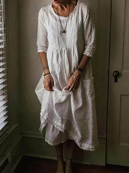 Linen Style Robes Glamour, Solid Maxi Dress, Maxi Shift Dress, Midi Shift Dress, Cotton Linen Dresses, Round Neck Dresses, Linen Style, Crewneck Dress, Types Of Dresses