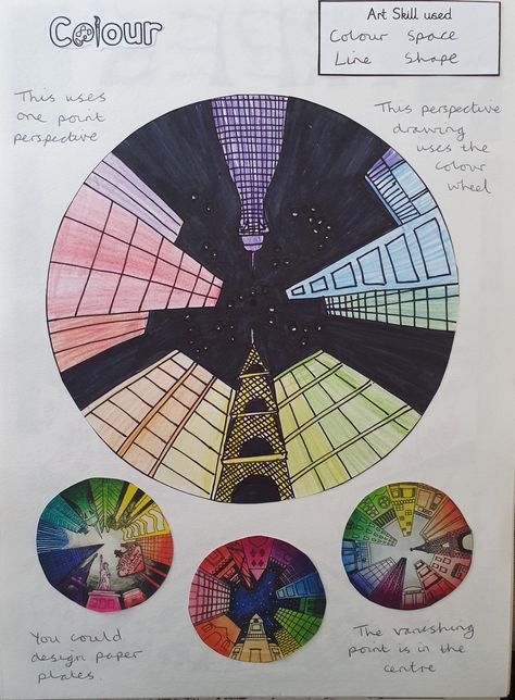 City Colour Wheel perspective Sketchbook page Colour Wheel Sketchbook Page, Colour Theory Gcse Art, Colour Theory Sketchbook Page, Art Ks2, Perspective City, Colour Wheel Theory, 7th Grade Art, Sketchbook Layout, Teacher Art