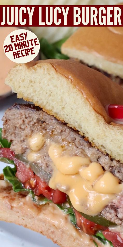 The Juicy Lucy burger from Minnesota is made with gooey, melted cheese stuffed inside a burger patty. This recipe is a copycat of the original Jucy Lucy from Matt's bar in Minneapolis. It's easy to make in 20 minutes with 5 ingredients, and is guaranteed to fulfill all of your cheesy comfort food cravings! Bacon Burgers Patties, Juicy Lucy Burger Recipe, Jucy Lucy Burgers, Cheese Stuffed Burgers, Jucy Lucy, Burger Homemade, Juicy Lucy Burger, Stuffed Burgers, Burger Patty