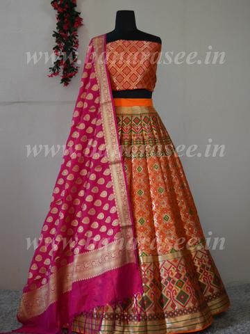 Banarasee Handwoven Art Silk Unstitched Lehenga & Blouse Fabric With Meena Work-Bright Orange Wedding Colors Orange, Picture Border, Blue Products, Orange Lehenga, Beautiful Lehenga, Lehenga Dupatta, Lehnga Dress, Half Saree Designs, Indian Gowns Dresses