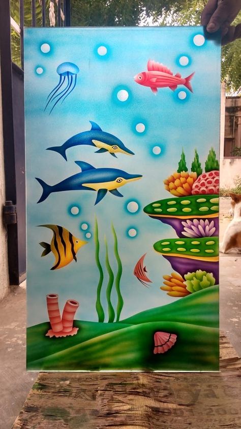 Aquarium Drawing, Poster Rangoli, Glass Etching Designs, Creative Wall Painting, Colorful Borders Design, Waterfall Paintings, Flower Drawing Tutorials, Glass Painting Designs, Pen Art Drawings