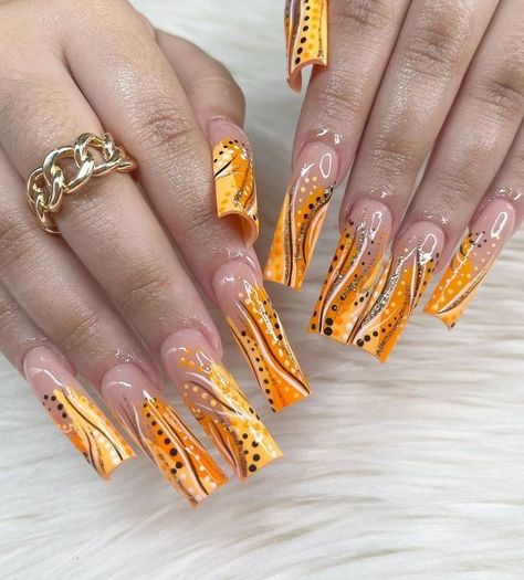 Orange 90s Nails, 90s Nails, Feet Nail Design, Long Acrylic Nail Designs, Diy Acrylic Nails, Colored Acrylic, Colored Acrylic Nails, Dope Nail Designs, Exotic Nails