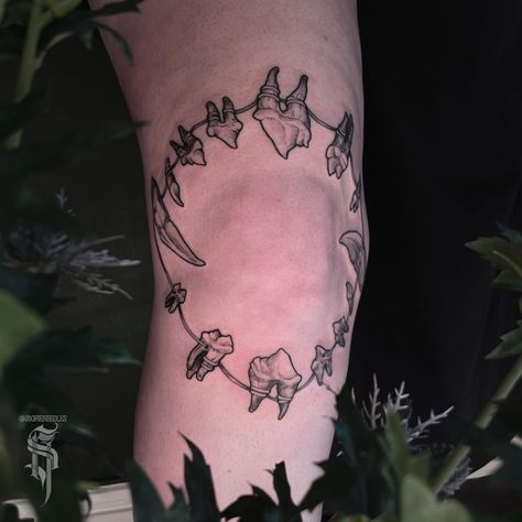 𝕿𝖊𝖊𝖙𝖍-𝖐𝖊𝖊𝖕𝖊𝖗 🦷 What are you looking at here, exactly? A wraith of canine teeth around a knee, of course! Custom tattoo for Moa, who happens to have an excellent taste in horror films. 😌 Thank you! #tattoo #tattooart #tattoos #stockholmtattoo #stockholm #tattooartist #inklife #tattooaddict #blackwork #tattoolove #spookytattoo Jaw Bone Tattoo Knee, Teeth Tattoo On Knee, Jaw On Knee Tattoo, Traditional Teeth Tattoo, Teeth Around Knee Tattoo, Cat Teeth Tattoo, Horror Knee Tattoo, Jaw Knee Tattoo, Horror Film Tattoo