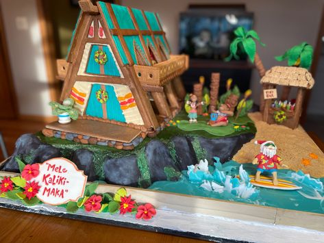 Gingerbread Tiki Bar, Tropical Gingerbread House, Hawaii Theme, Gingerbread House Ideas, Mele Kalikimaka, Rice Crispy, Gingerbread Houses, Shredded Coconut, Tiki Bar