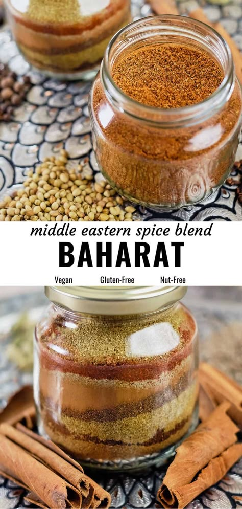 Baharat spice blend is warm, aromatic, and easy to make. This multipurpose homemade mix is the best to spice up all your delicious middle eastern recipes. Takes only a few minutes to make and is easy to store. Try this recipe to flavor a variety of recipes such as lamb, beef, chicken, stews, soups, pilafs, vegetables and more. #baharat #middleeasternrecipe #spiceblend Lebanese Spice Blend, Holiday Spice Flat White Recipe, Za’tar Spice Blend, Berbere Spice Recipes, Spice Bag Recipe, Herbalist Apothecary, Baharat Recipe, Chicken Stews, Middle Eastern Recipes Arabic Food