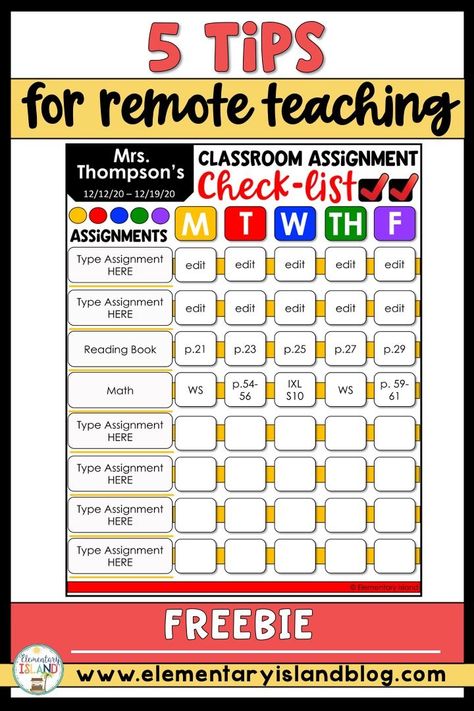 Remote learning in elementary doesn't have to be difficult.  Follow these 5 tips for distance learning to help you have a successful experience.  Included is also a checklist freebie for children to keep track of their distance learning assignments! #elementaryisland Teaching Online Ideas, Remote Learning, Virtual Teaching, Remote Learning Elementary, Assignment Checklist For Students, Technology For The Classroom, Virtual Classroom Rules, Distance Learning Elementary, Digital Learning Classroom