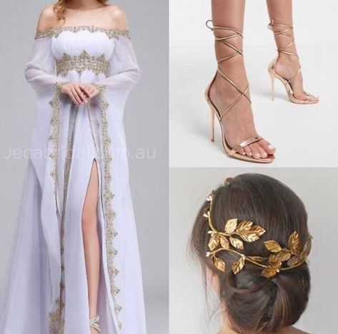 Fantasy Dress White And Gold, Aphrodite Outfit Style, White And Gold Goddess Dress, Mythological Outfits, Fantasy Royal Clothing Queens, Fantasy Princess Outfit, Royal Dresses Queens Gowns, Royal Dresses Fantasy, Queen Outfits Royal Medieval