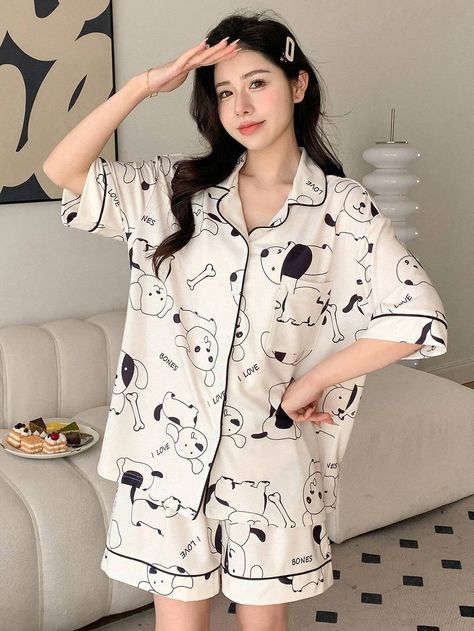 DAZY Women's Cute Dog Print Contrast Trim Button Front Short Sleeve Top And Shorts Pajama Set | SHEIN USA Short Night Dress, Casual Blouse Designs, Korean Pajamas, Cotton Pajamas Women, Cute Pajama Sets, Short Pj Set, Night Dress For Women, Korean Fashion Dress, Cute Pajamas