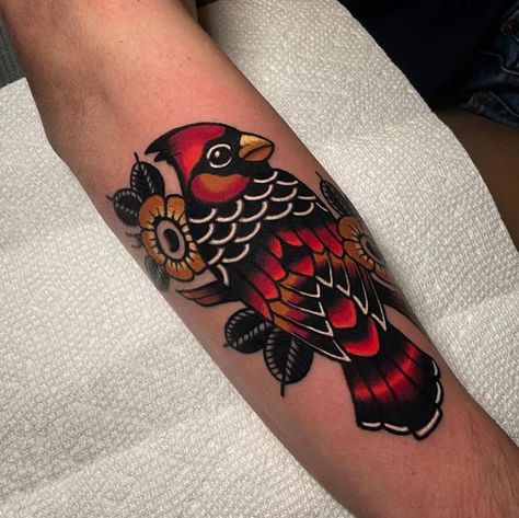 Redbird Tattoo, Cardinal Tattoo Traditional Style, Neo Traditional Cardinal, American Traditional Cardinal Tattoo, Black And Grey Neotraditional Tattoo, Traditional Cardinal Tattoo, Cardinal Neotraditional Tattoo, Igy6 Tattoo, Cardinal Tattoo Memorial