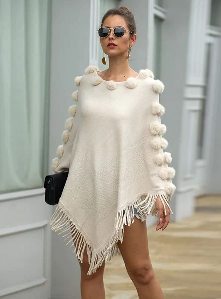 2022 FRINGED FUR BALL ROUND COLLAR PULLOVER CAPE SHAWL – Ncocon Cloak Fashion, Poncho Coat Cape, Plus Size Cosplay, Cape Shawl, Solid Color Sweater, Wool Balls, Short Lace Dress, Cape Coat, Poncho Cape