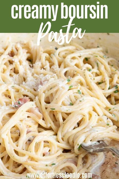 Quick and oh so tasty, this creamy Boursin pasta with smoked bacon is perfect for an easy weeknight dinner! Boursin Bacon Pasta, Spaghetti With Boursin Cheese, Boursin Cheese Sauce For Pasta, Pasta And Boursin Cheese, One Pot Pasta Boursin, Boursin Alfredo Sauce, Boursin Gnocchi, Boursin Cheese Recipes Pasta, Boursin Chicken Pasta