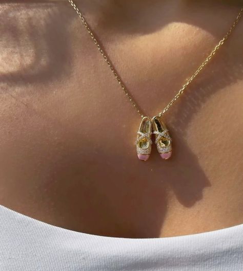 Ballet shoes necklace | Gold Necklace | aesthetic | pink ballet shoes | luxury items | jewellery | accessories | instagram post | pointe shoes gold necklace Gold Necklace Aesthetic, Ballet Shoes Necklace, Ballet Necklace, Pink Ballet Shoes, Necklace Aesthetic, Shoes Luxury, Pointe Shoes, Ballet Slippers, Jewellery Accessories