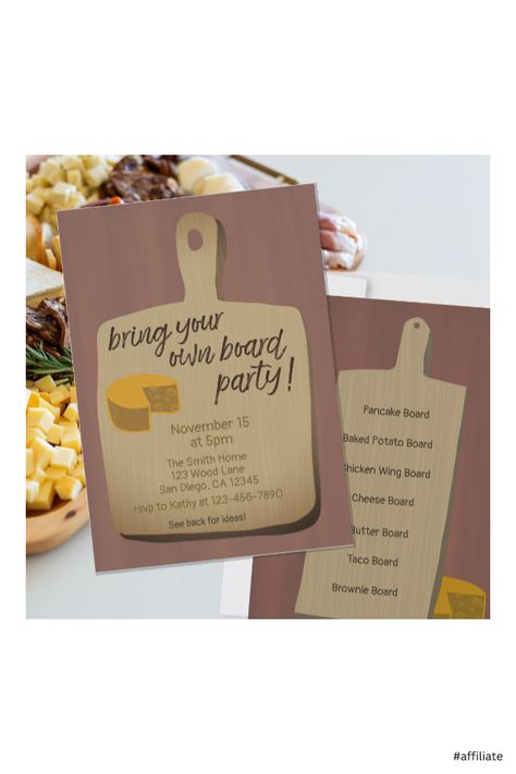 Bring Your Own Food Board Party, Bring Your Own Board Party Invitation, Themed Get Togethers, Bring Your Own Charcuterie Board Party Invitation, Charcuterie Board Party Invitation, Friends Gathering Aesthetic, Adult Dinner Party Ideas, Bring A Board Party Ideas, Party Themes For Adults Unique