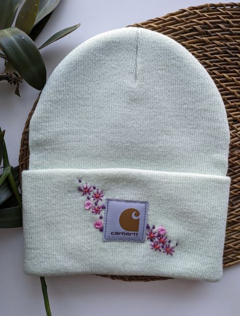 Carhartt Beanie Embroidery Flowers, Embroidered Carhartt Hat, Beanie Embroidery Ideas, Carhartt Beanie Embroidery, Carhart Hats, Embroidered Carhartt Beanie, Bday Hat, Carhart Beanie, Embroidered Hats Ideas