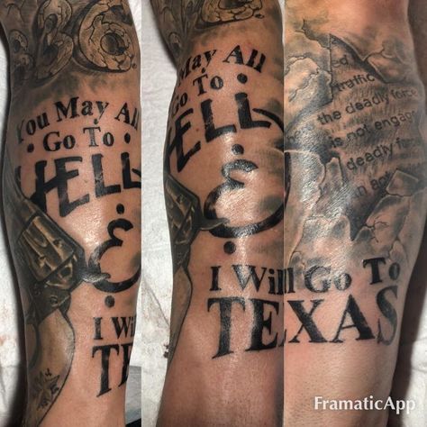 Texas theme tattoo Artist: Derek Kastning HYDRA Tattoos Tyler TX 903-530-4432 Alamo Tattoo Texas, Texas Theme Tattoo, Texas Sleeve Tattoo, Texas Tattoo For Men, Texas Themed Tattoos, Theme Tattoos, W Tattoo, Texas Tattoo, Texas Theme