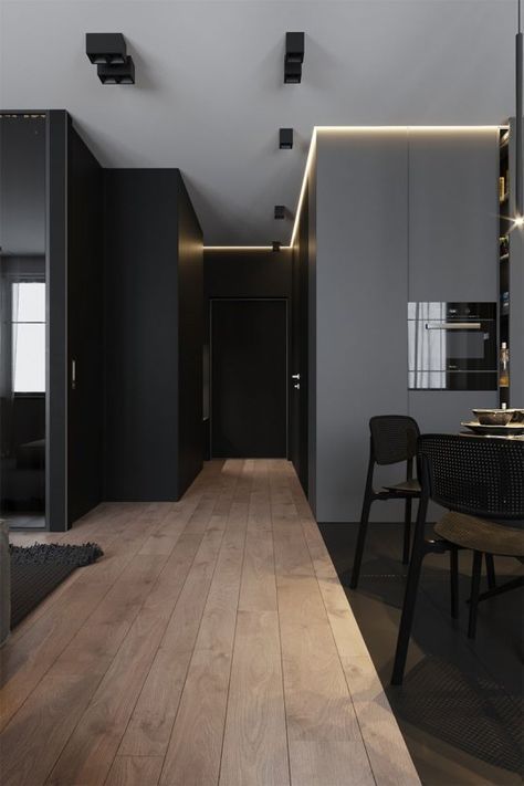 Bachelor Apartment, Minimalist Living Room Apartment, Black Bedroom Design, Modern Apartment Design, Home Entrance Decor, Dark Interiors, Minimalist Interior Design, Home Building Design, Minimalism Interior