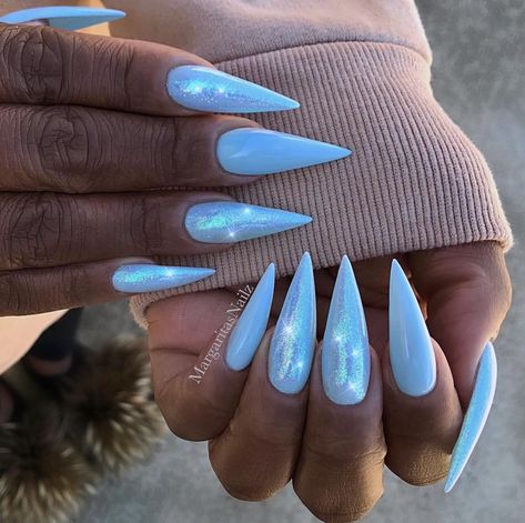 Baby Blue Nails Stiletto, Light Blue Stiletto Nails, Baby Blue Stiletto Nails, Blue And Glitter Nails, Stiletto Nails Designs Summer, Ice Blue Nails, Powder Blue Nails, Blue Stiletto Nails, Bday Nails