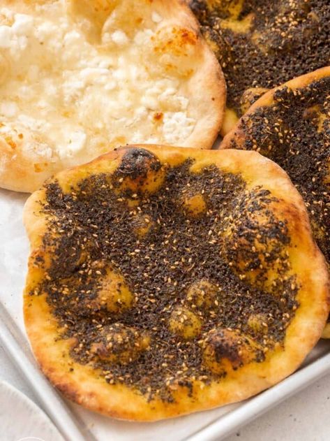 Manakish (Manakeesh) with Cheese and Za’atar - Little Sunny Kitchen Cheese Manakish, Manakish Recipe, Lebanon Culture, Zaatar Spice, Little Sunny Kitchen, Sunny Kitchen, Za Atar, Ground Lamb, Cheese Topping