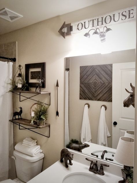 Fun rustic woodsy farmhouse bathroom for boys Wilderness Bathroom Decor, Hunting Lodge Bathroom, Woodsy Farmhouse, Camo Bathroom, Hunting Bathroom Decor, Hunting Bathroom, Cabin Bathroom Decor, Hunting Home Decor, Lodge Bathroom