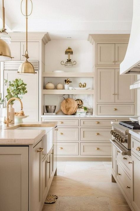 Beige Cabinets With Gold Hardware, Light Cream Cabinets Kitchen, Greige And White Oak Kitchen, Beige Kitchen Cabinets Marble Counter, Countertop For Cream Cabinets, White Beige Gold Kitchen, Tan Cabinet Kitchen, Kitchen Taupe Modern, Woodmode Kitchen Cabinets