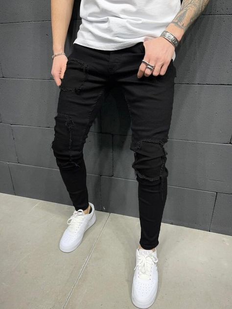 Black Jeans Outfit Mens, Black Denim Jeans Outfit, Ripped Jeans With Patches, Denim Jeans Outfit, Apple Bottom Jeans, Blazer And T Shirt, Swag Outfits Men, Plus Size Fashion For Women, Black Denim Jeans