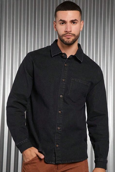 This men's shirt is made of a combination of denim and cotton fabrics. The classic denim fabric gives it a timeless and versatile look, making it a perfect addition to your wardrobe. #men #shirt #denim #black #solid Wardrobe Men, Black Denim Shirt, Patched Denim, Denim Patches, Men Shirt, Cotton Fabrics, Black Solid, Shirt Collar, Mens Denim