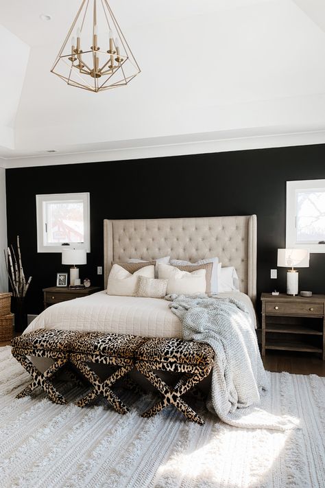 Black Accent Wall, Black Walls Bedroom, Bedroom Inspirations Master, Black Accent Walls, Black Bed Frame, Bedroom Updates, Bedroom Wall Designs, Bedroom Accent, Accent Wall Bedroom