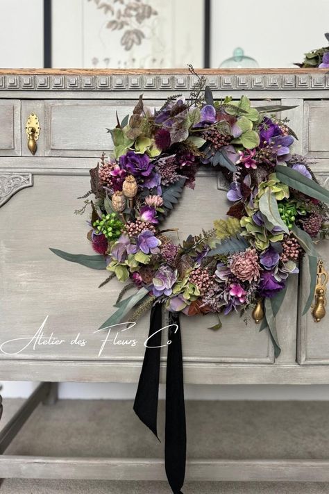 Dried Poppy, Olive Wreath, Hydrangea Colors, Seed Heads, Linen Ribbon, White Wreath, Purple Decor, Year Round Wreath, Autumn Wreath