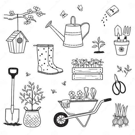 Gardening doodles stock vector. Illustration of icon - 268211158 Plant Sketches, Furniture Sketch, Doodle Paint, Hand Doodles, Doodle Pages, Heart Drawing, Vector Sketch, Mom Art, Drawing For Beginners