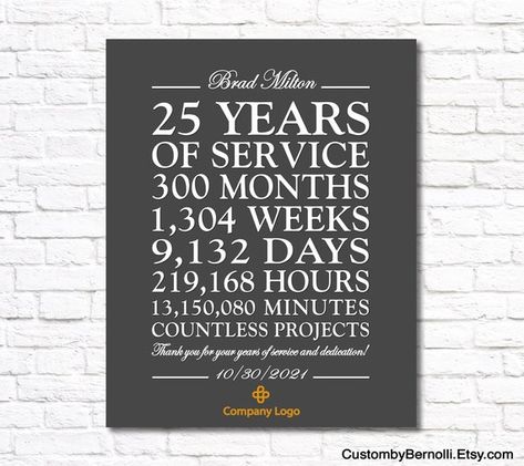 25 Year Work Anniversary Gift Personalized 25 Years of | Etsy Australia 25 Years In Business Celebration, 25 Year Business Anniversary Ideas, 25 Year Work Anniversary, Business Anniversary Ideas, Office Morale, Favorite Coworker, Work Anniversary Gifts, Living Hope, Frame Printable