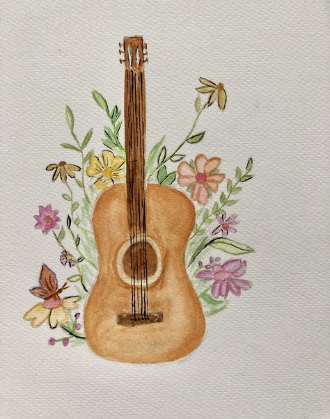 Music Painting Ideas Easy, Guitar Watercolor Painting, Music Watercolor Painting, Object Watercolor, Watercolor Guitar, Guitar Watercolor, Girl Paintings, Handmade Quotes, Music Crafts