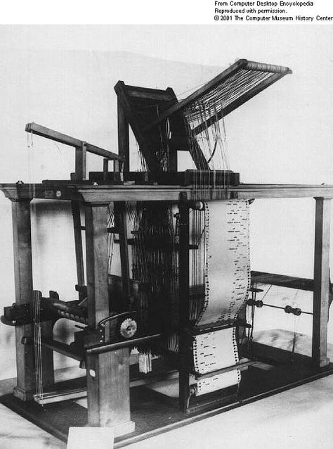 The binary principle embodied in the punched-card operation of the loom was inspiration for the data processing machines to come. (Image courtesy of The Computer History Museum, www.computerhistory.org) Mechanical Loom, Computer History Museum, Antique Business, Heroic Age, Loom Machine, Museum Display, Tapestry Loom, Industrial Age, Weaving Looms