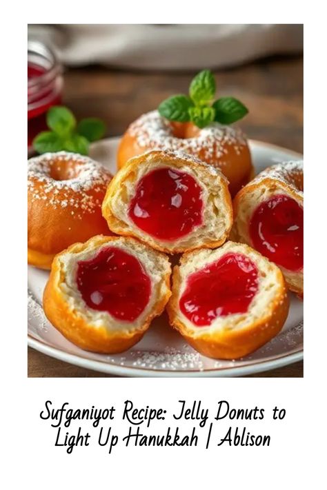 Jelly-filled sufganiyot topped with powdered sugar on a plate. Hanukkah Recipes Sweets, Sufganiyot Recipe, Jelly Donuts Recipe, Hanukkah Desserts, Holiday Party Food, Hanukkah Recipes, Jelly Donuts, Recipe Air Fryer, Hanukkah Food